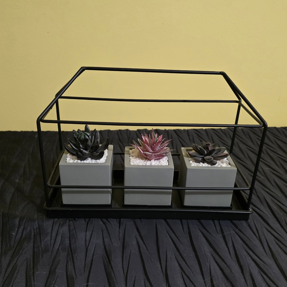 Modern Black Metal Faux Succulent Trio Planter with Gray Pots